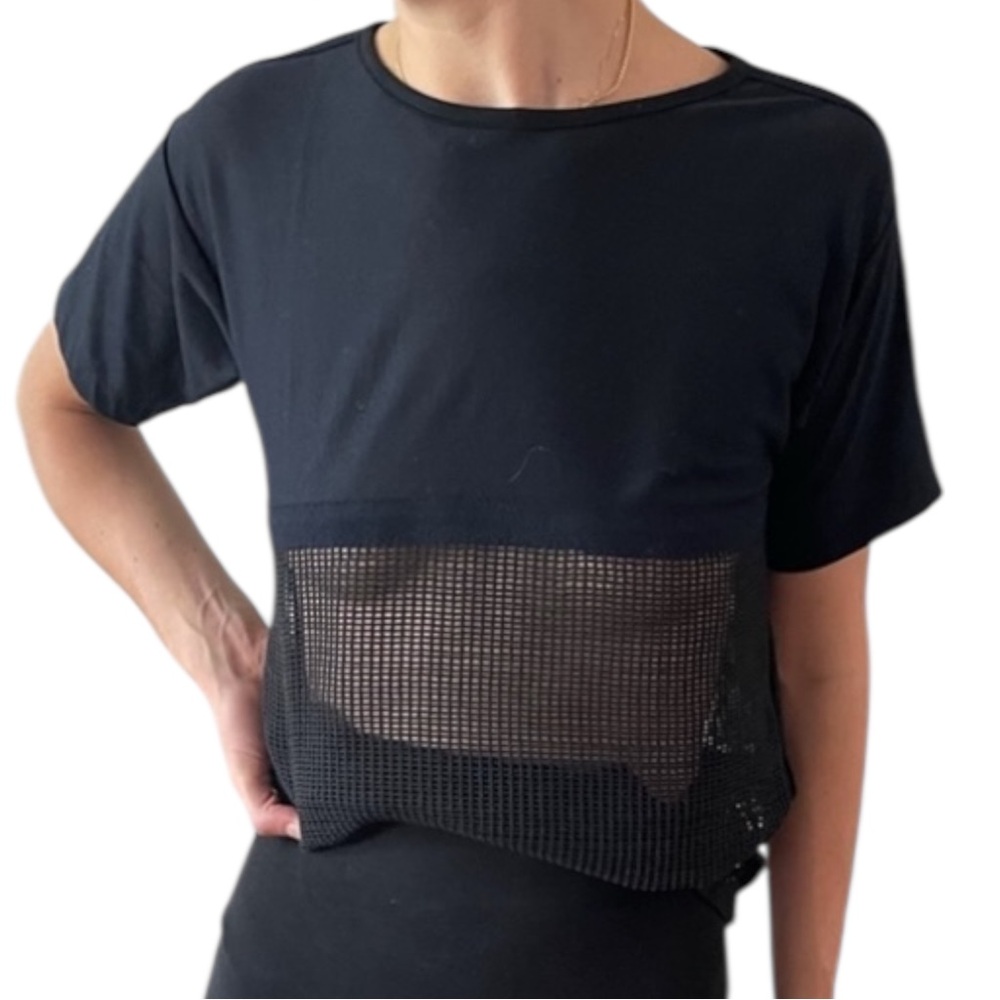 Vintage Le Tigre Black Cotton Crew Peekaboo Fishnet Mesh Backless Tee Shirt - S